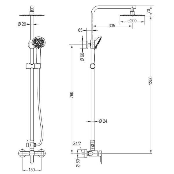 Columna De Ducha de 79-125 cm SIOUX redonda acabado cromo brillo de latón - Imagen 4