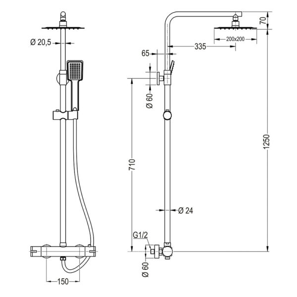 Columna De Ducha de 75-125 cm cuadrada acabado cromo brillo de latón - Imagen 4