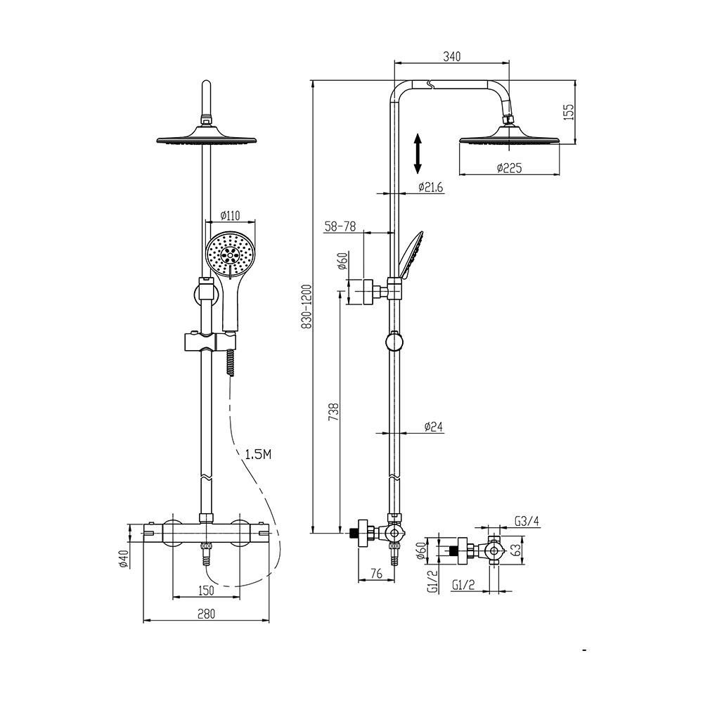 Columna de ducha termostático negro mate cuadrada. Tubo regulable en Altura  de 83 a 120 cm. – Llavisan