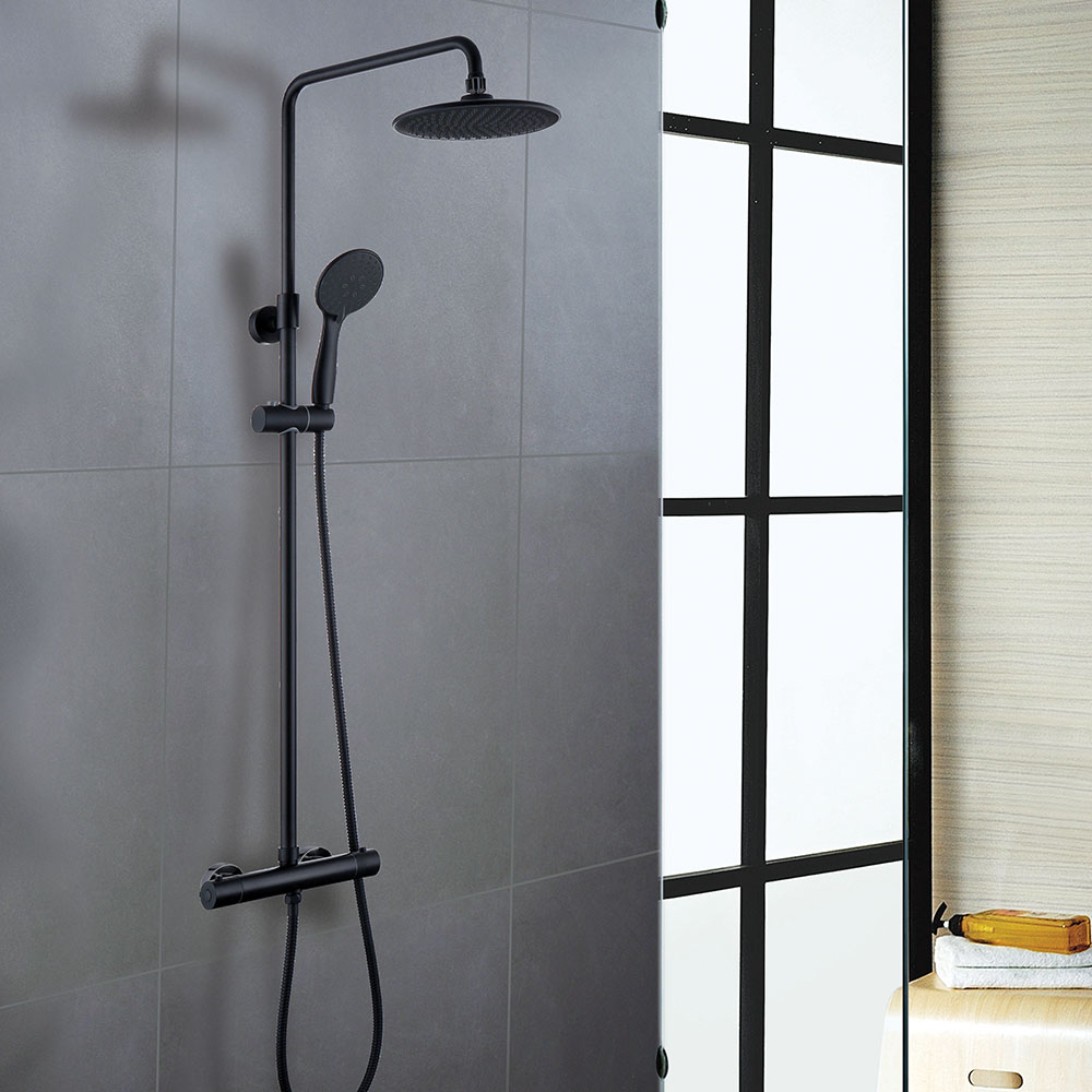 Columna de ducha termostático negro mate redonda. Tubo regulable en Altura  de 83 a 120 cm. – Llavisan