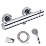 Grifo termostático para ducha PARÍS con equipo y manetas de latón. Incluye flexo de acero inoxidable, mango de ducha y soporte de ducha