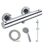 Grifo termostático para ducha PARÍS con barra y manetas latón. Incluye flexo de acero inoxidable, mango de ducha y barra de ducha