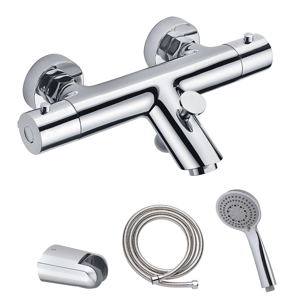 Grifo termostático para bañera BONN con equipo y manetas de zinc. Incluye  flexo de acero inoxidable, mango de ducha y soporte de ducha – Llavisan