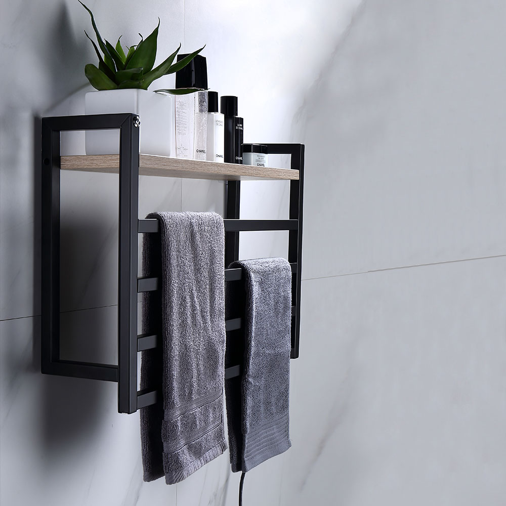 Toallero Secatoallas eléctrico FUSSION con repisa de madera y cuatro barras  para toallas. De bajo consumo 60W acabado en blanco – Llavisan