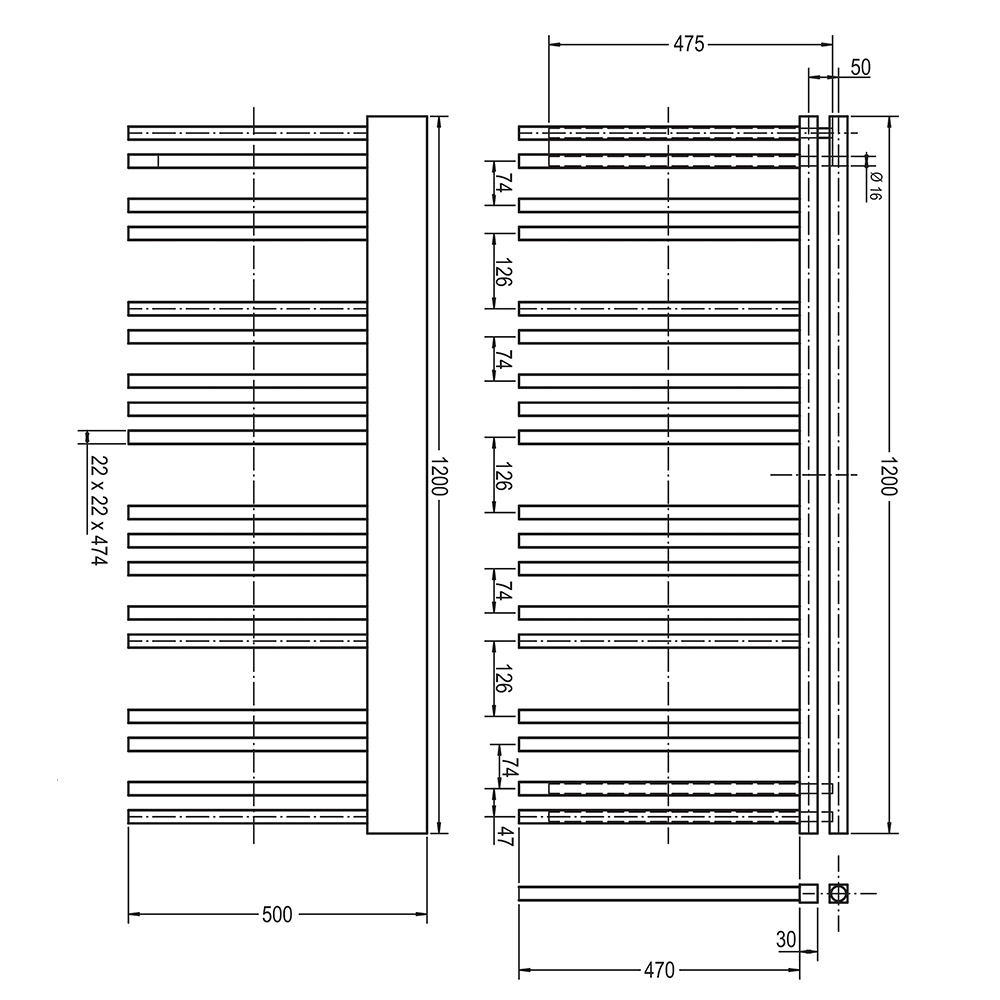 Radiador Secatoallas de 120 cm x 50 cm LINE circuito calefacción acabado negro mate de acero - Imagen 5