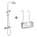 Pack Columna ducha termostática redonda 85-115 cm cromo brillo + Cesta portageles SOL rectangular para colgar en grifería